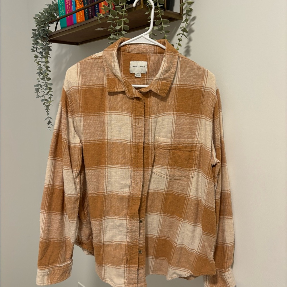 American Eagle Outfitters Brown and Cream Plaid Shirt